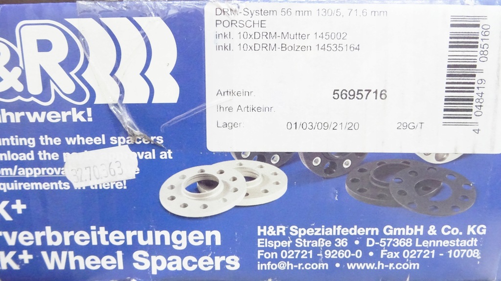PORSCHE CARRERA 911 WHEEL SPACERS 2X28MM 5X130 71.6 5695716 H&R Product image